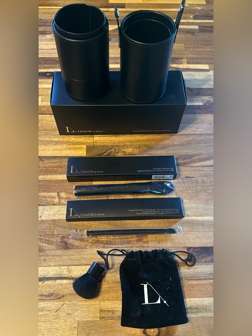 LimeLife by Alcone Black Makeup Brush Holder with 3 Black Makeup Brushes